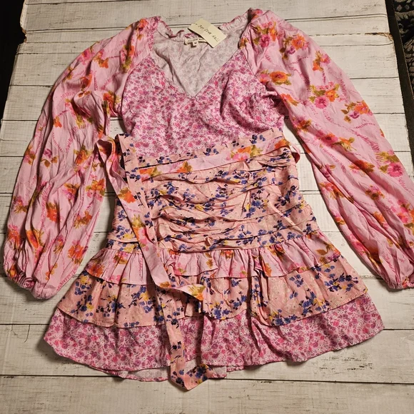 For Love Bell Floral Ruffle Mini Dress Medium NWT Pink Boho Layered V-Neck - Picture 3 of 12